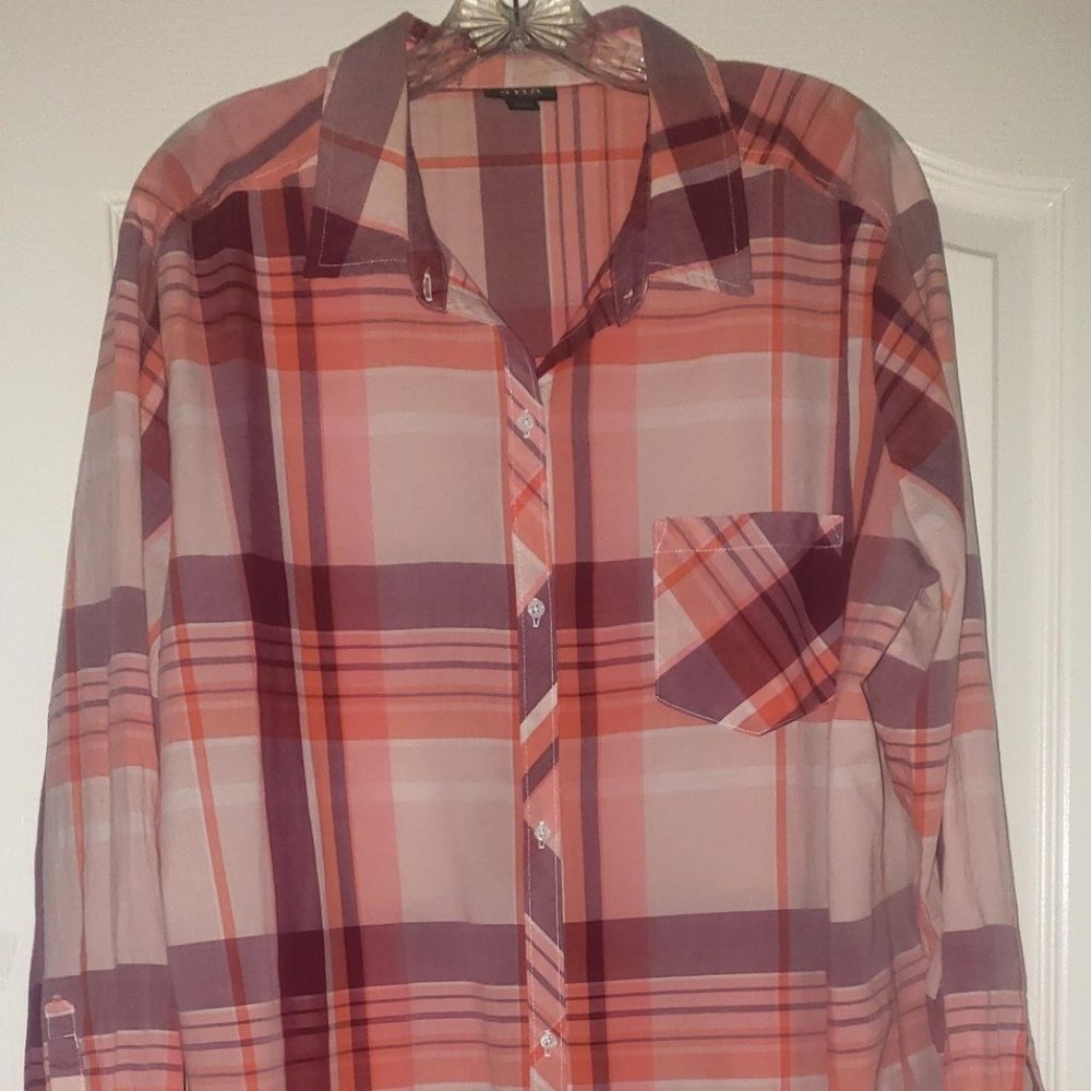 A.N.A. Womens XXL Top Blouse Shirt Button Collar Pink Plaid Cotton